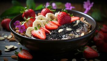 ai generiert frisch Erdbeere Joghurt mit Granola auf ein rustikal hölzern Tabelle generiert durch ai foto