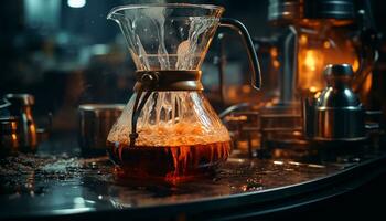 ai generiert Barista Gießen heiß Kaffee in ein Glas Tasse auf hölzern Tabelle generiert durch ai foto