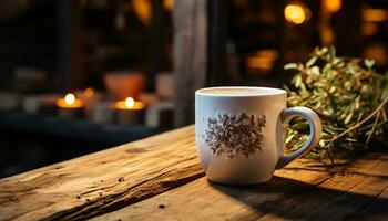 ai generiert gemütlich Holz Tisch, heiß Kaffee, Kerze Flamme, Winter Romantik generiert durch ai foto