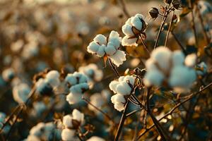 ai generiert Baumwolle Bauernhof während Ernte Jahreszeit. Feld von Baumwolle Pflanzen mit Weiß Bolls. nachhaltig und umweltfreundlich trainieren auf ein Baumwolle Bauernhof. organisch Landwirtschaft. roh Material zum Textil- Industrie. foto