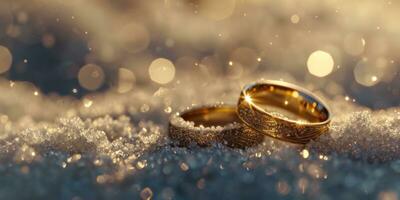 ai generiert zwei Hochzeit Ringe einstellen auf ein Schnee Hintergrund. foto