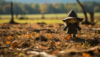 ai generiert Herbst Wald, süß Spielzeug Kürbis, lächelnd Kind, draussen Spaß generiert durch ai foto