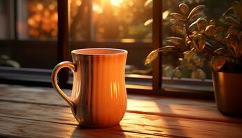 ai generiert Kaffee Tasse auf hölzern Tabelle durch Fenster, genießen Natur Wärme generiert durch ai foto