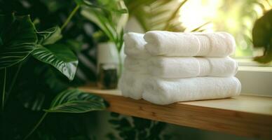 ai generiert zwei Paare von Weiß Handtücher sind Sitzung auf oben von ein Holz Regal foto