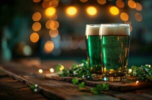 ai generiert ein fröhlich st Patrick's Tag Bier beim ein hölzern Tabelle foto