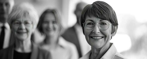 ai generiert Senior Frau lächelnd im das Hintergrund mit Gruppe von älter Kollegen. foto