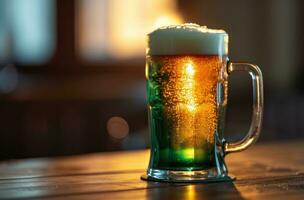 ai generiert ein fröhlich st Patrick's Tag Bier beim ein hölzern Tabelle foto