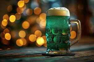 ai generiert ein fröhlich st Patrick's Tag Bier beim ein hölzern Tabelle foto