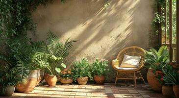 ai generiert ein Balkon mit ein klein Balkon Bereich, gefüllt mit Pflanzen foto