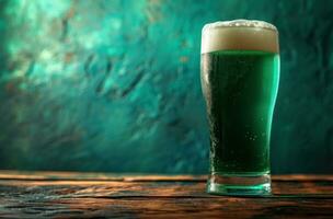 ai generiert ein fröhlich st Patrick's Tag Bier beim ein hölzern Tabelle foto