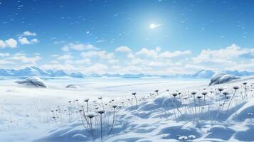ai generiert schneegeküsst Gänseblümchen Feld im Winter - - ai generiert foto