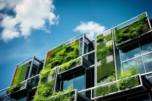 ai generiert umweltfreundlich Gebäude im das modern Stadt. nachhaltig Glas Büro Gebäude mit Baum zum reduzieren Kohlenstoff Dioxid. Büro Gebäude mit Grün Umfeld. korporativ Gebäude reduzieren co2. foto