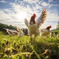 ai generiert kostenlos Angebot Hähnchen Bauernhof und nachhaltig Landwirtschaft. organisch Geflügel Landwirtschaft. Hühner wandernd kostenlos im nachhaltig und tierfreundlich Bauernhof. kostenlos Angebot Vogel im Landwirtschaft Gras Feld. foto