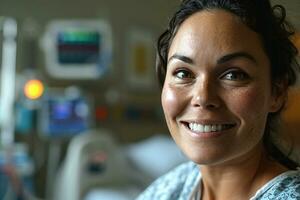 ai generiert Porträt von glücklich Brust Krebs geduldig. lächelnd Erwachsene Frau nach nehmen Chemotherapie im Krankenhaus Zimmer. Brust Krebs Erholung. Brust Krebs Überlebende. Brust Krebs Bewusstsein Monat. foto