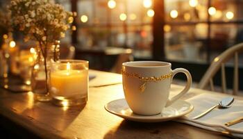 ai generiert gemütlich Kaffee Geschäft, beleuchtet durch warm Holz, bietet an Entspannung generiert durch ai foto