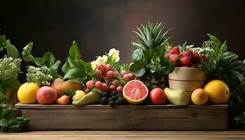 ai generiert frisch Obst und Gemüse auf ein hölzern Tisch, Natur gesund Fest generiert durch ai foto