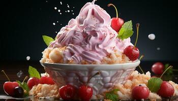 ai generiert frisch Obst Dessert mit Himbeere, Erdbeere, und Blaubeere Eis Sahne generiert durch ai foto