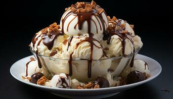 ai generiert nachsichtig Dessert hausgemacht Schokolade Eis Sahne mit Fudge Soße generiert durch ai foto