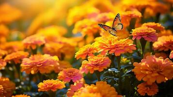 ai generiert Herbst Ringelblume Feld mit Schmetterlinge - - ai generiert foto