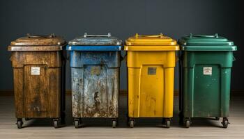 ai generiert Recycling Container Gelb Deckel, Blau Behälter, Grün Symbol, sauber Umgebung generiert durch ai foto