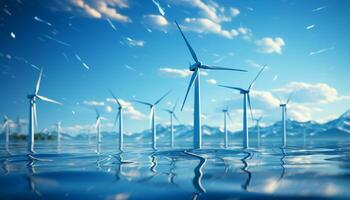 ai generiert Wind Turbine drehen, Erstellen sauber Elektrizität zum nachhaltig Entwicklung generiert durch ai foto