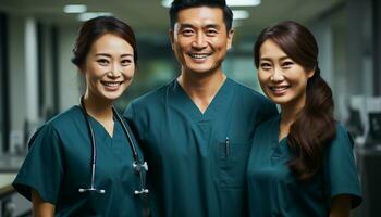 ai generiert lächelnd Arzt und Krankenschwester, zuversichtlich Zusammenarbeit im Peking Krankenhaus generiert durch ai foto