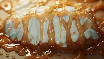 ai generiert schmelzen Schokolade Welle Gießen Über Süss Nachtisch, Erstellen abstrakt gestalten generiert durch ai foto