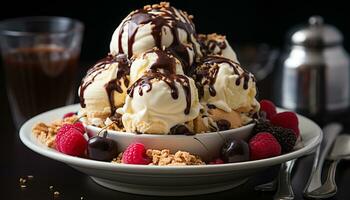 ai generiert nachsichtig Dessert hausgemacht Schokolade Eis Sahne mit frisch Beeren generiert durch ai foto