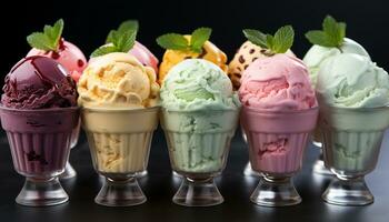 ai generiert erfrischend Sommer- Dessert Minze Eis Sahne mit Himbeere und Erdbeere generiert durch ai foto