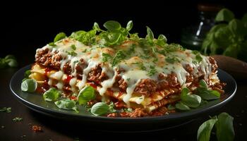 ai generiert Frische auf Teller Gourmet Vegetarier Lasagne, gesund hausgemacht Mahlzeit generiert durch ai foto