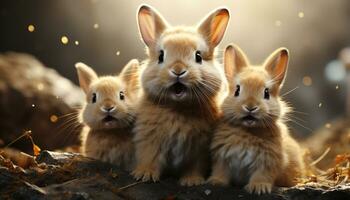 ai generiert flauschige Baby Kaninchen spielen im das Wiese, feiern Frühling generiert durch ai foto