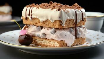 ai generiert nachsichtig hausgemacht Schokolade Kuchen mit frisch ausgepeitscht Sahne und Beeren generiert durch ai foto