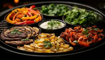 ai generiert gegrillt Fleisch und Gemüse auf ein Gourmet Platte, Frische gefangen generiert durch ai foto