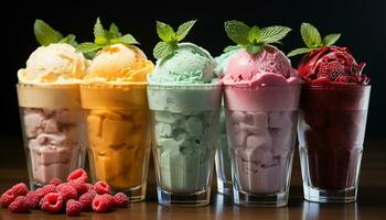 ai generiert frisch Erdbeere Eis Sahne auf hölzern Tisch, ein Sommer- Freude generiert durch ai foto