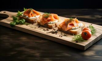 ai generiert Lachs Sandwiches auf ein hölzern Tafel foto