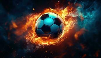 ai generiert Fußball Ball im Flammen auf dunkel Hintergrund foto