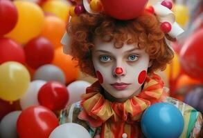 ai generiert jung Clown im das Clown Outfit posiert mit Luftballons foto