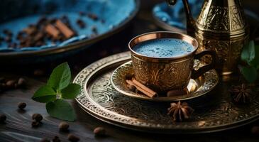 ai generiert Türkisch Kaffee ein warm trinken umgeben durch Gewürze foto