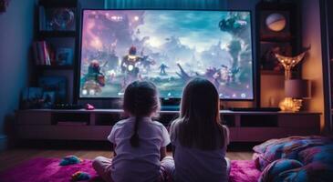 ai generiert zwei Kinder Aufpassen Fernsehen abspielen Video Spiele foto