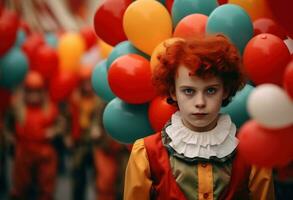 ai generiert jung Clown im das Clown Outfit posiert mit Luftballons foto