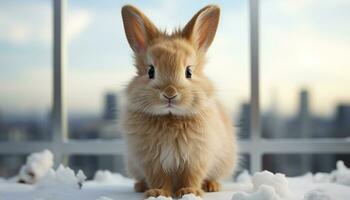 ai generiert süß Baby Hase Sitzung im das Schnee, suchen beim Kamera generiert durch ai foto