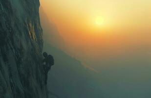 ai generiert ein Individuell klettert oben ein Cliff im ein dunstig Sonnenaufgang foto