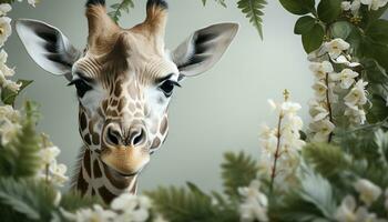 ai generiert Giraffe Weiden lassen auf Grün Gras, suchen süß im Natur generiert durch ai foto