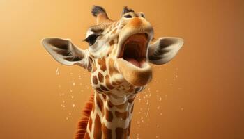 ai generiert süß Giraffe suchen beim Kamera, nass Fell, lächelnd im Natur generiert durch ai foto