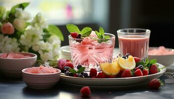 ai generiert Frische von Sommer- Beeren auf ein hölzern Tisch, ein Gourmet Freude generiert durch ai foto