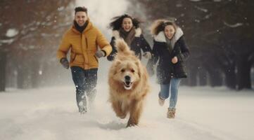 ai generiert ein Familie läuft durch Schnee mit ein Hund foto