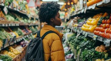 ai generiert ein schwarz Frau Einkaufen beim gesund Essen Markt foto