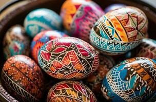 ai generiert ein Vielfalt von bunt gemalt Ostern Eier foto