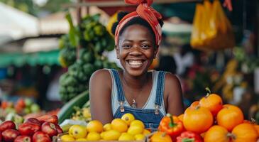 ai generiert ein Frau Verkauf Früchte und Gemüse beim ein draussen Markt foto