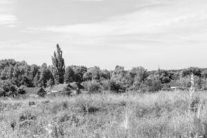 Schönes altes verlassenes Bauernhaus auf dem Land auf natürlichem Hintergrund foto